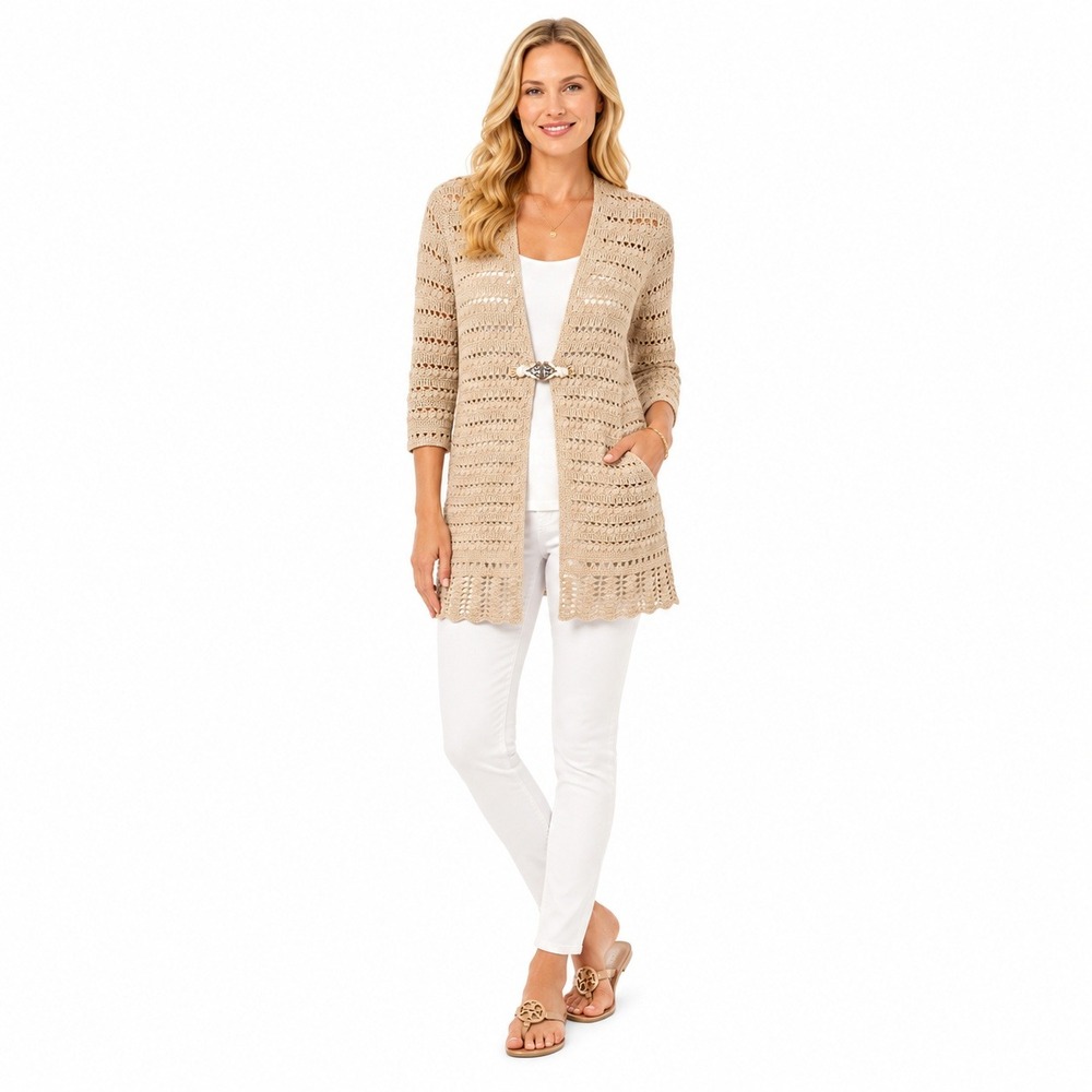 Tyler Boe Cardigan Womens XS White 24236F Pointelle Knit Open Front Longline New
